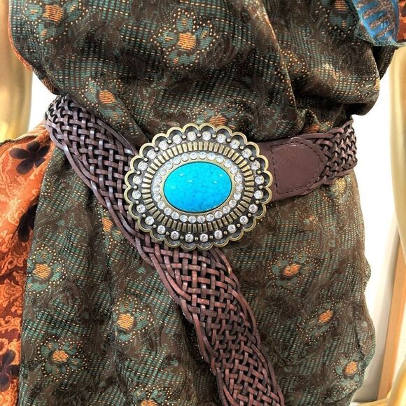 BOSTON PROPER Woven Leather Belt with Turquoise Buckle (Sz L) - Picture 6 of 8